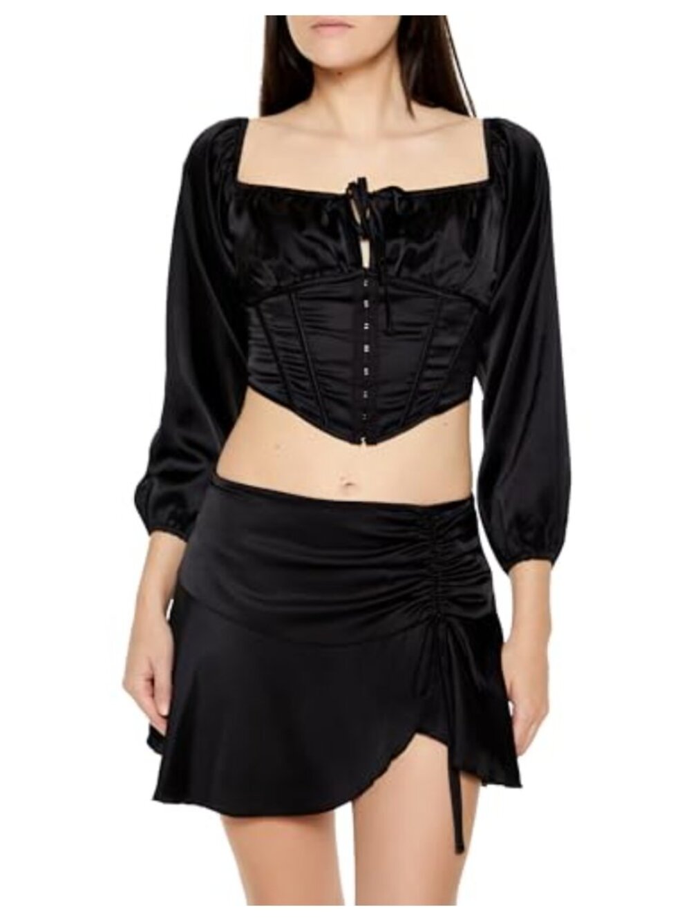 Satin Corset Crop Top with Peasant Sleeves & Hook-and-Eye